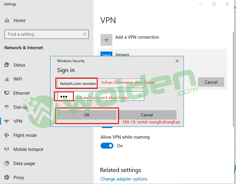 Setting akun vpn windows