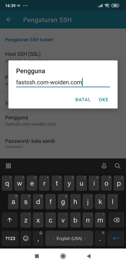 Setting Akun SSH di HTTP Injector