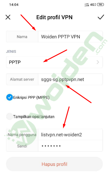 Setting PPTP VPN di android
